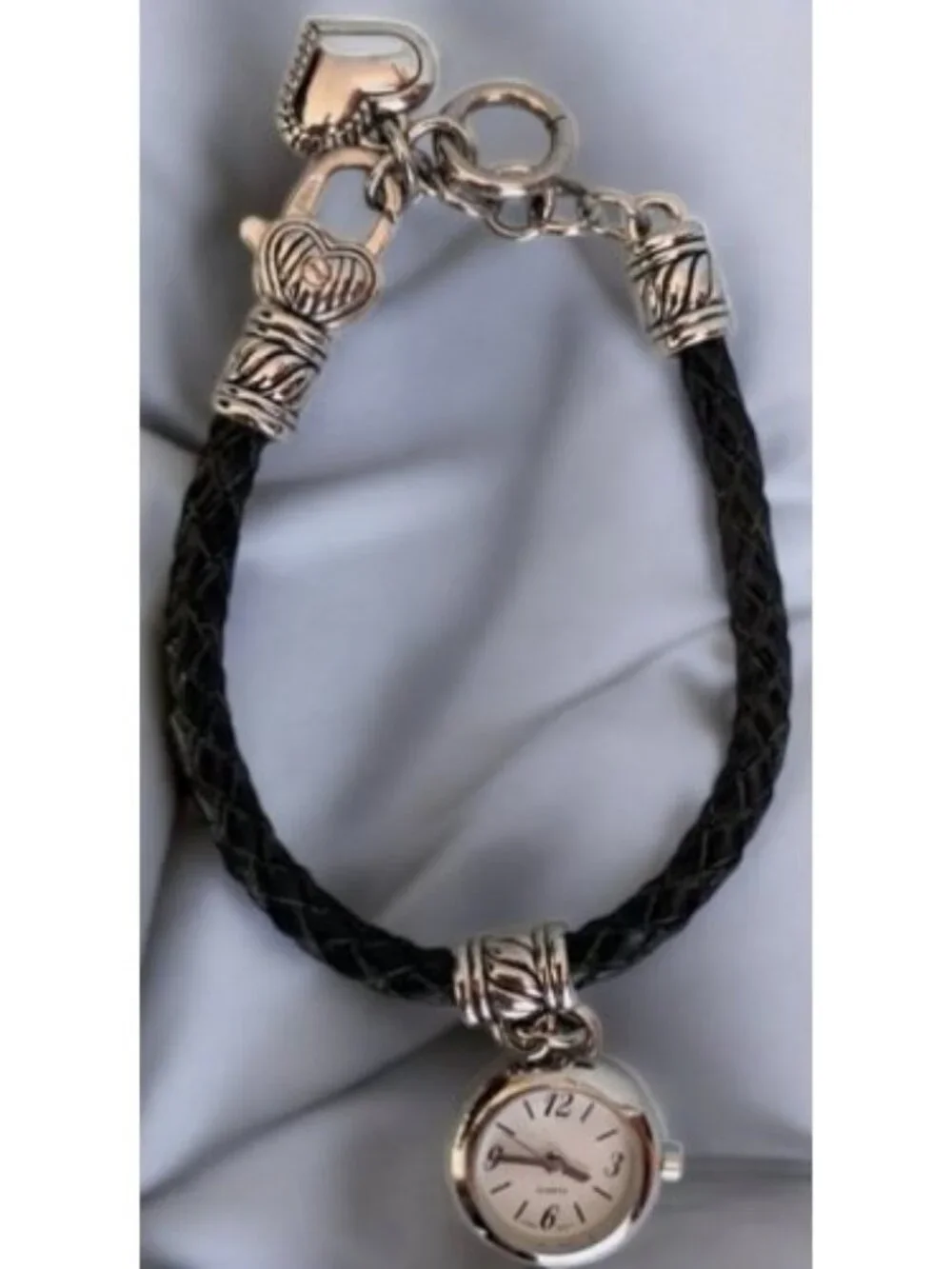 Black Braided Leather Band Silvertone Heart Charm Ladies Quartz Watch